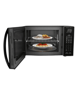 Microondas Panasonic 34L Aberto com comida Modelo ST66N