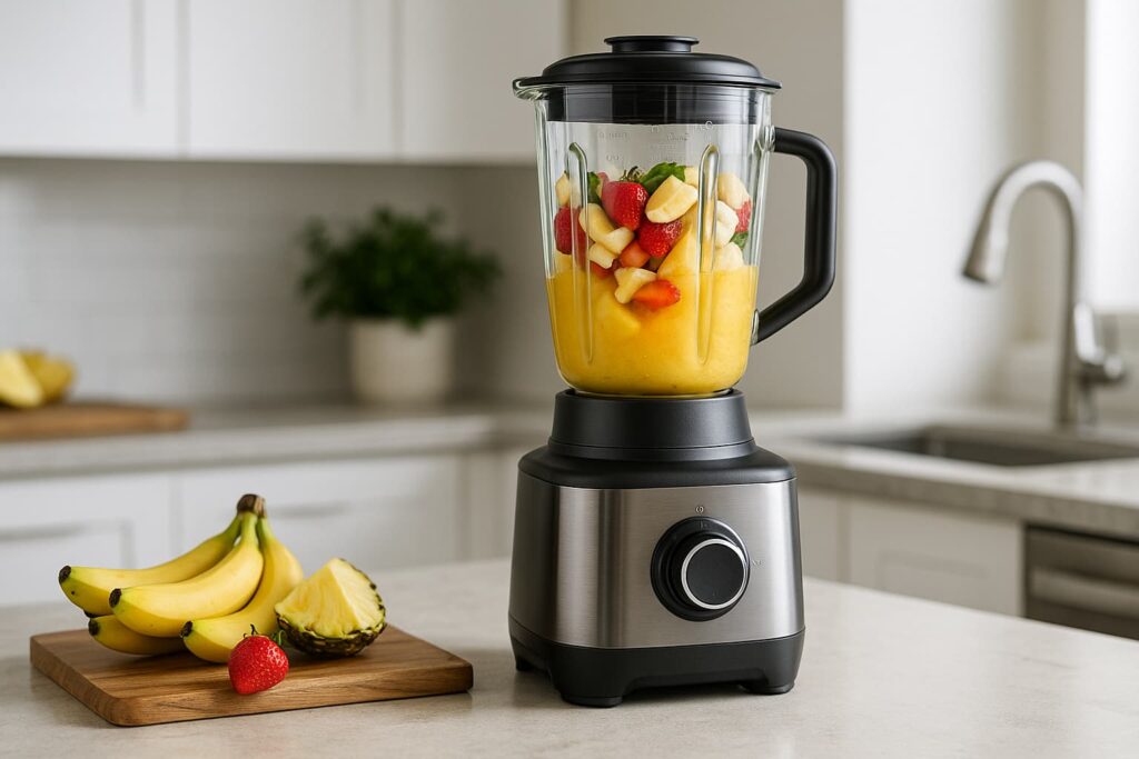 Liquidificador moderno potente e silencioso com frutas no copo, sobre bancada de cozinha iluminada.