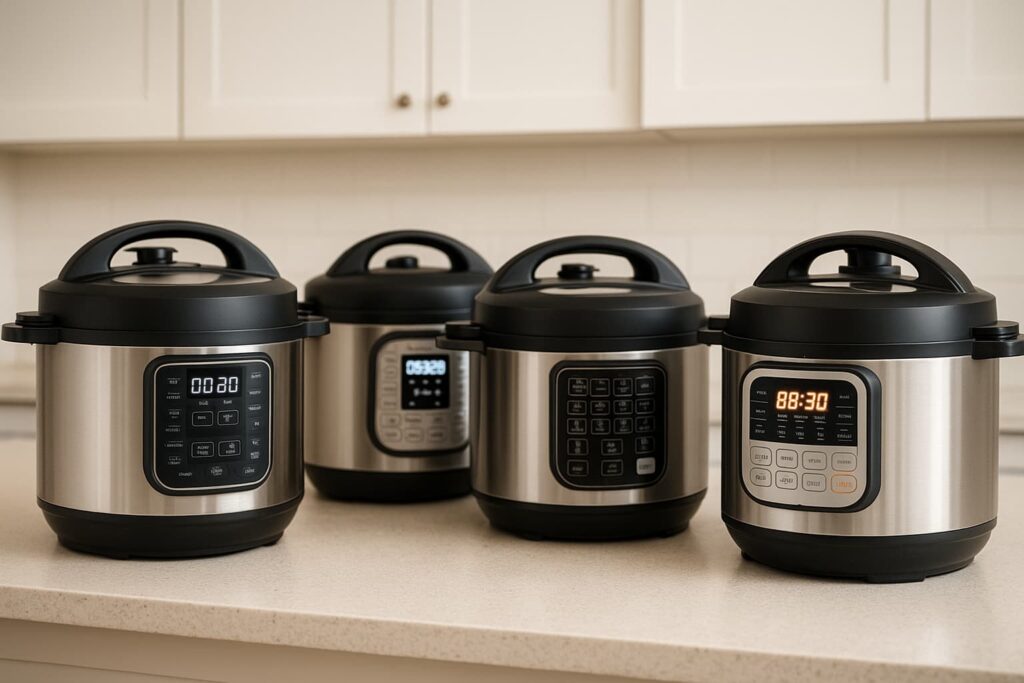 modelos-de-panela-de-pressao-eletrica Panelas de pressão elétricas modernas com visor digital sobre bancada de cozinha