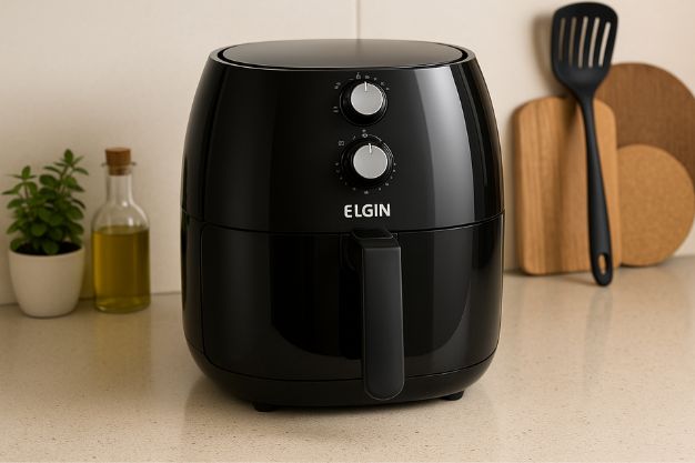 air-fryer-elgin-cozinha-design-moderno Air fryer Elgin preta em bancada de cozinha com fundo neutro e utensílios decorativos