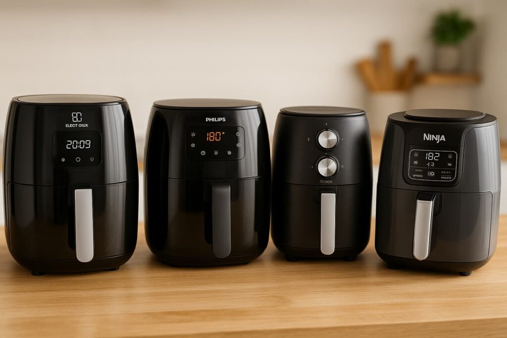 comparativo-marcas-de-air-fryer fritadeiras elétricas das principais marcas dispostas lado a lado sobre bancada de madeira
