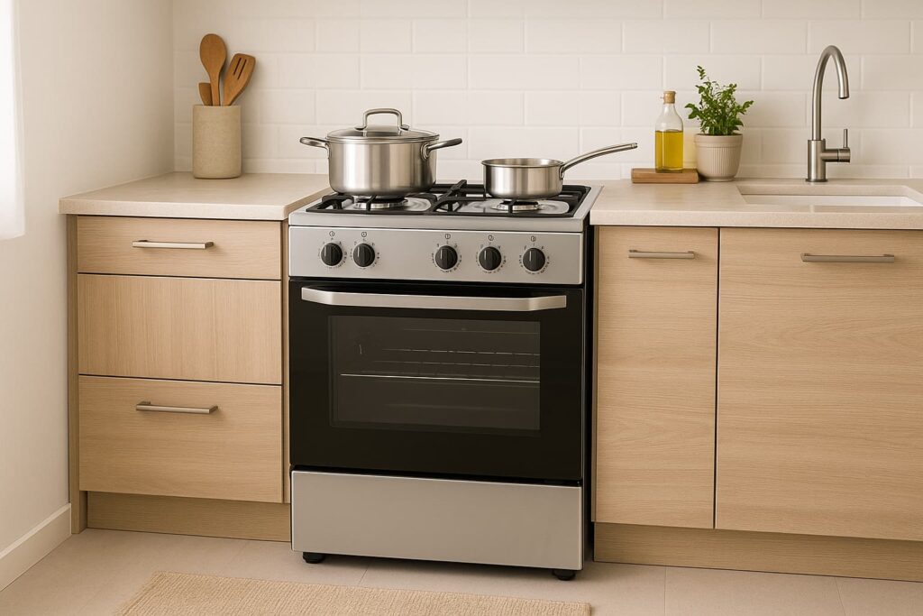 Fogão 4 bocas em cozinha moderna e compacta com visual clean