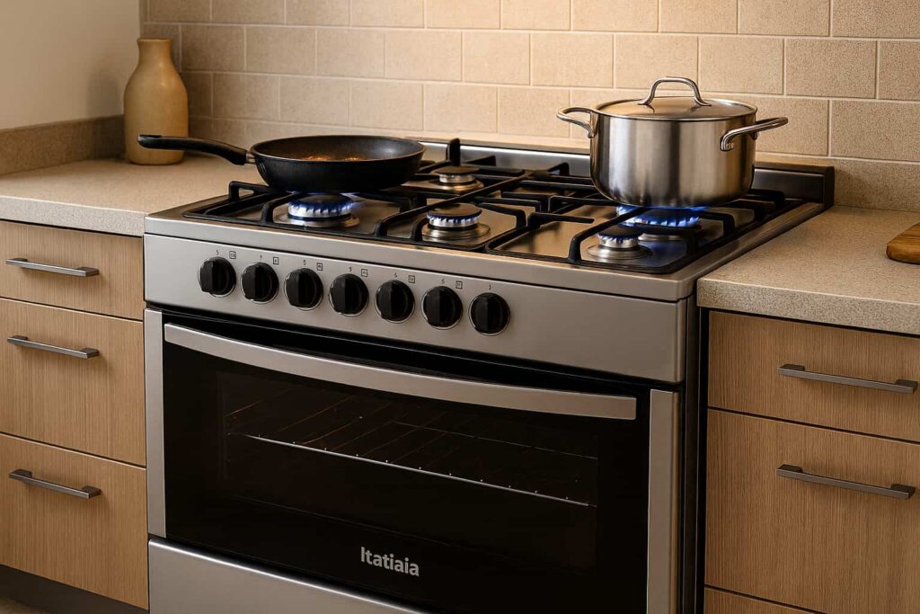 Fogão Itatiaia com cinco bocas acesas em cozinha moderna, ideal para quem busca saber se o fogão Itatiaia é bom.