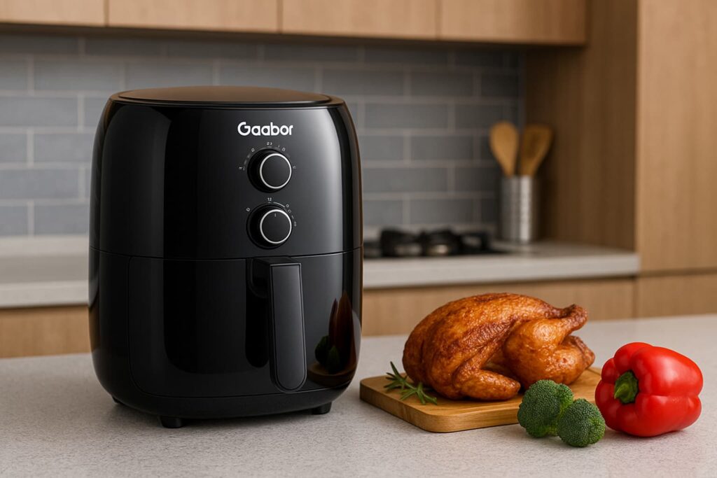 Air fryer Gaabor preta sobre bancada de cozinha moderna com frango assado e legumes.