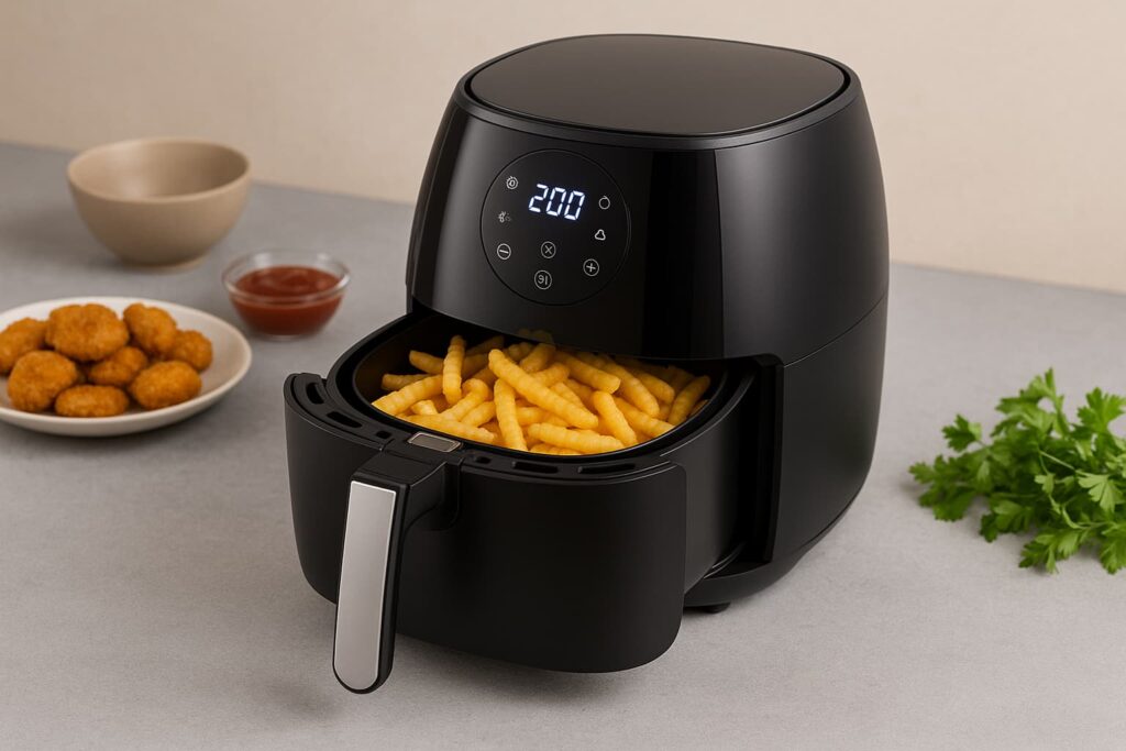 Air fryer moderna preta com batatas fritas douradas na cesta – melhor air fryer custo benefício