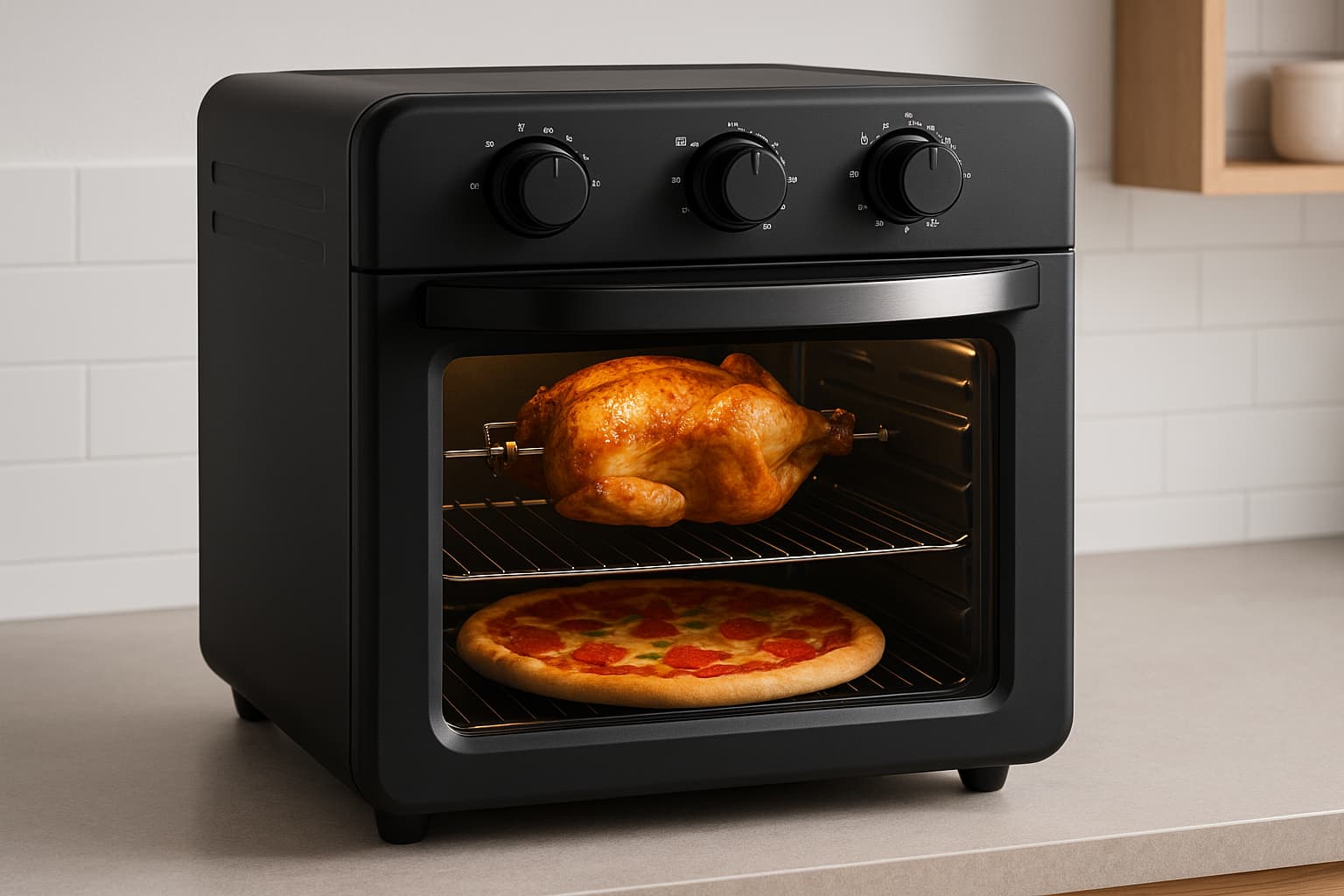 Air fryer oven de bancada com porta de vidro, duas grelhas assando frango e pizza – melhor air fryer oven