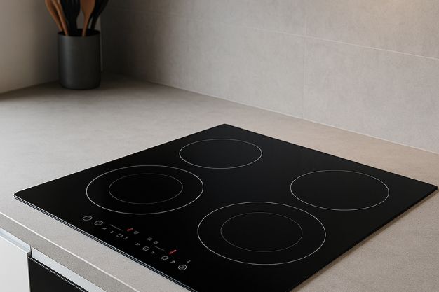 Imagem de um cooktop de indução com quatro zonas instalado em bancada moderna de cozinha