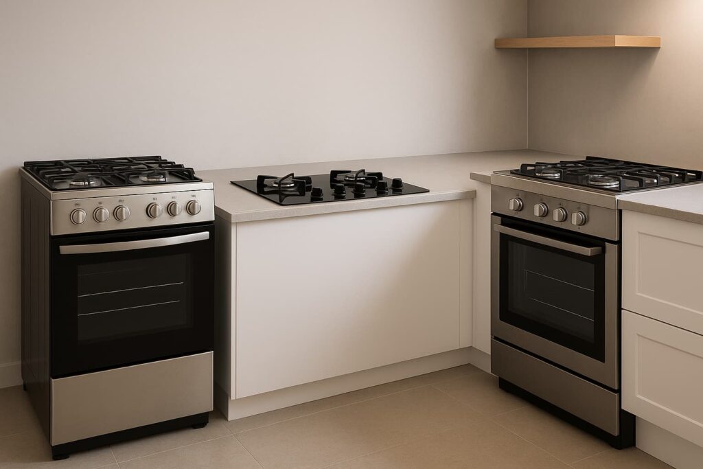 Três modelos de fogão — cooktop, embutido e de piso — em uma cozinha moderna, ilustrando as melhores marcas de fogão em 2025.