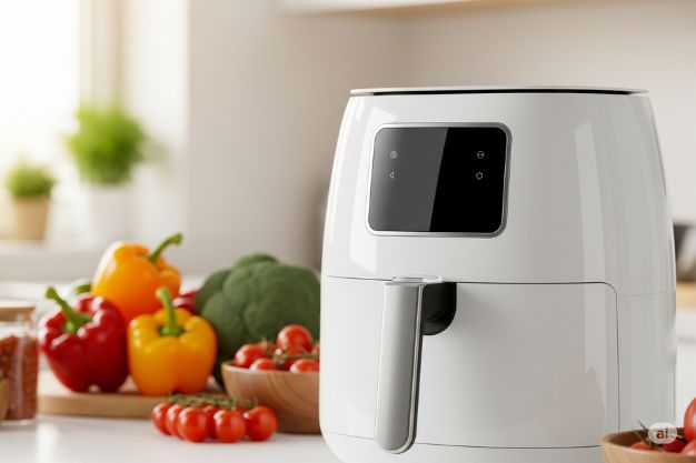 melhores-air-fryer Fritadeira elétrica Air Fryer de design moderno e minimalista em uma bancada de cozinha, com legumes frescos como pimentões, brócolis e tomates ao fundo, sugerindo uma culinária saudável e prática.