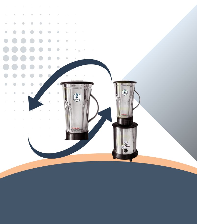 Imagem ilustrativa da diferença entre um liquidificador industrial de alta rotação (com copo alto, à esquerda) e um liquidificador de baixa rotação (com copo menor, à direita). A imagem foca na comparação de design, que está ligada à velocidade do motor e ao tipo de preparo.