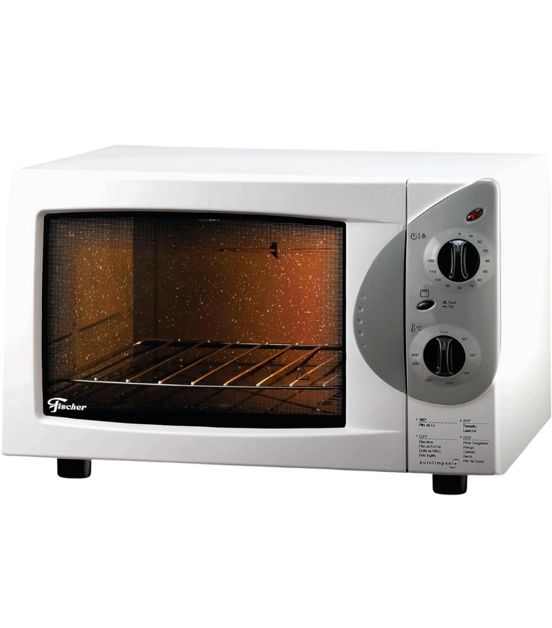 FORNO-ELETRICO-FISCHER-GRILL-44L Imagem de um Forno Elétrico de Bancada Fischer Gourmet Grill 44 Litros na cor Branca. O painel de controle possui botões giratórios para temperatura e timer, e a porta de vidro duplo revela o revestimento interno autolimpante.