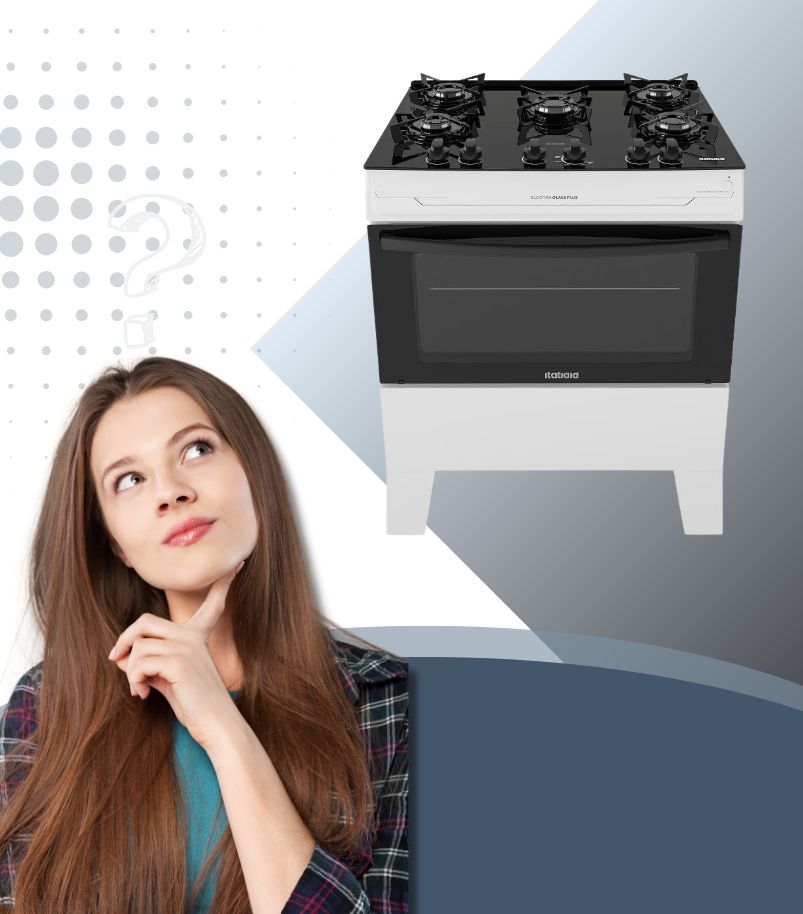 Fogao-Itatiaia-e-bom Mulher pensativa com interrogação ao lado de um fogão Itatiaia 4 bocas com mesa de vidro, no artigo sobre se o fogão Itatiaia é bom.