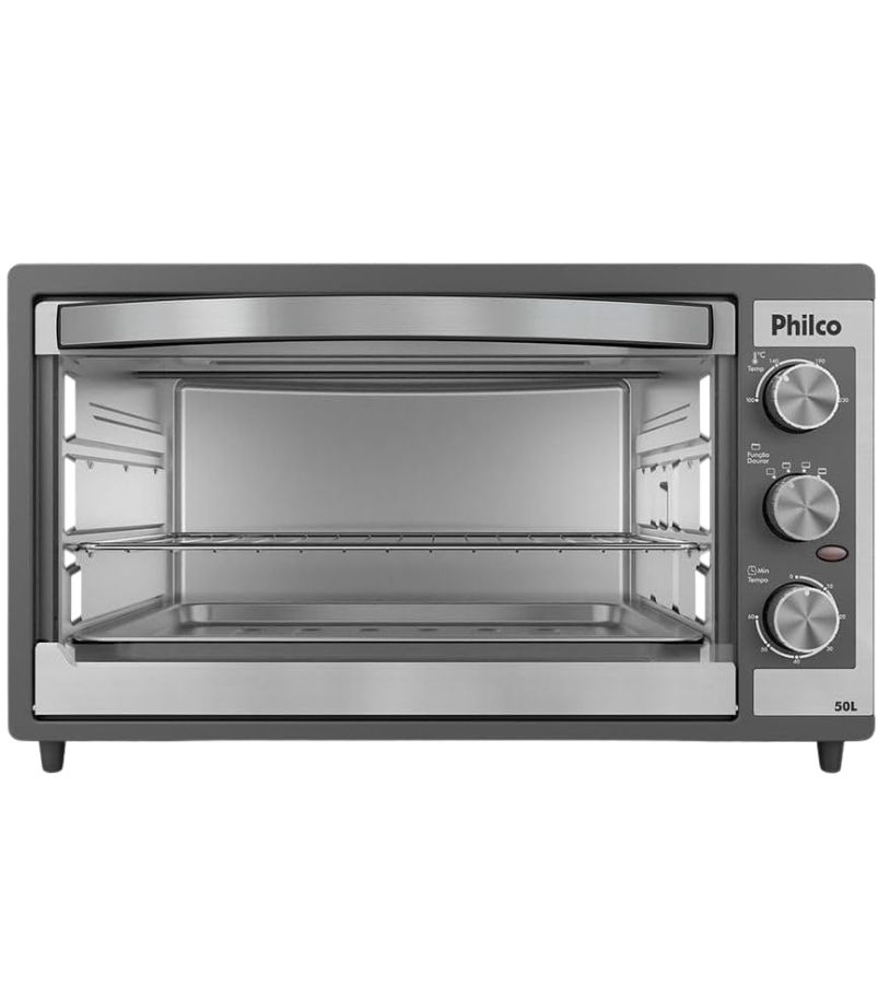 Forno-Eletrico-Philco-50L-PFE52P Imagem de um Forno Elétrico Philco PFE52P de 50 Litros na cor cinza/grafite e prata. O forno possui um painel de controle com três botões giratórios para temperatura, função (resistências) e timer. O interior é espaçoso, ideal para receitas familiares.