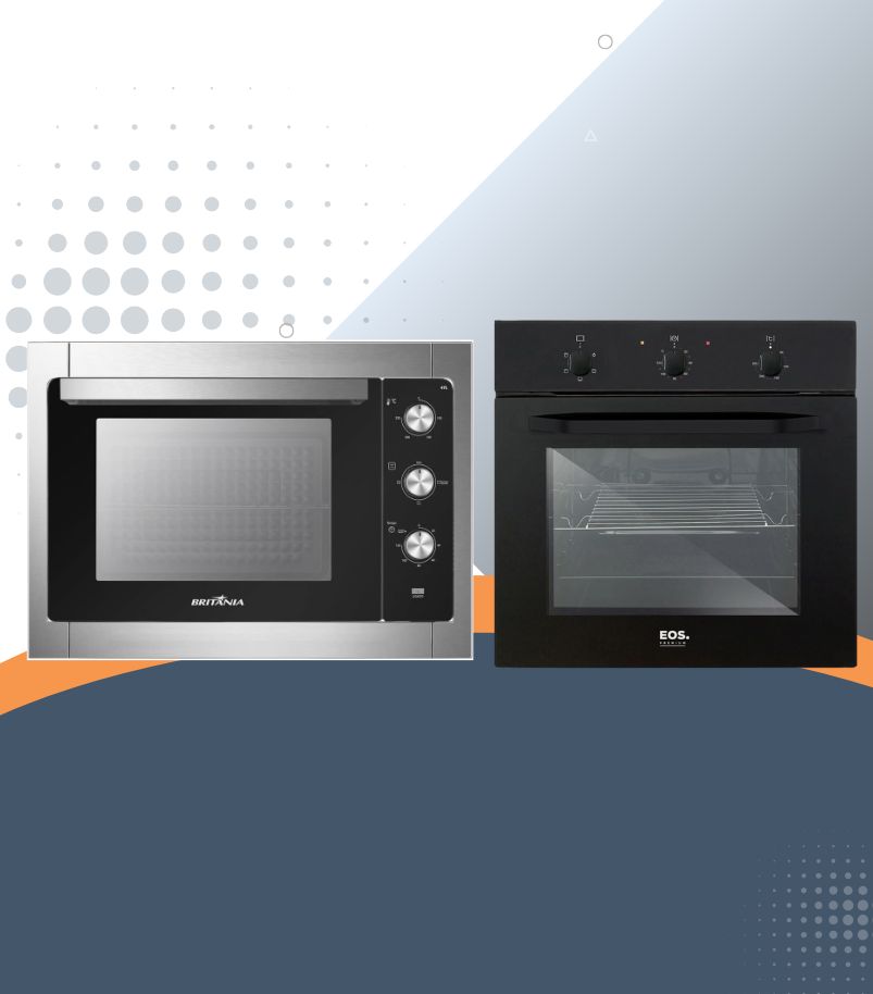 Tipos-de-forno-eletrico-de-embutir Imagem comparativa de dois fornos elétricos de embutir: à esquerda, um Britânia em aço inoxidável (47 Litros) e, à direita, um EOS em vidro preto (65 Litros). A imagem ilustra a variação de design e acabamento (inox vs. preto) entre os modelos de embutir.