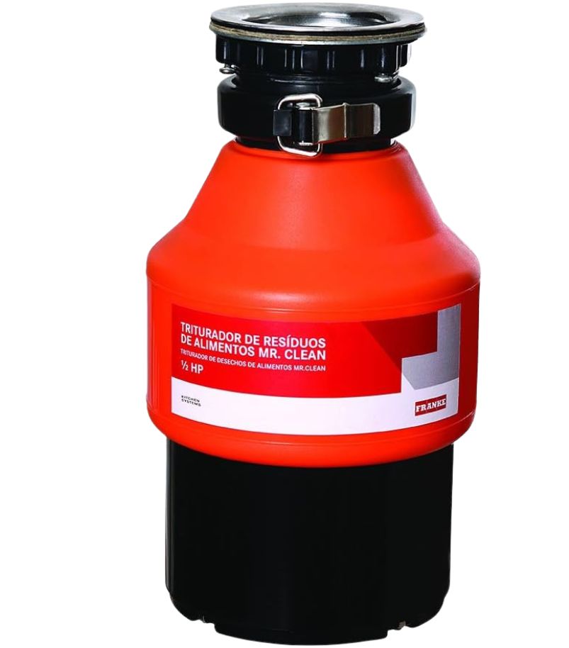 Triturador-Franke-55 Triturador de alimentos Franke Mr. Clean 55, de corpo laranja e base preta, com 1/2 HP de potência, exibido em fundo branco.