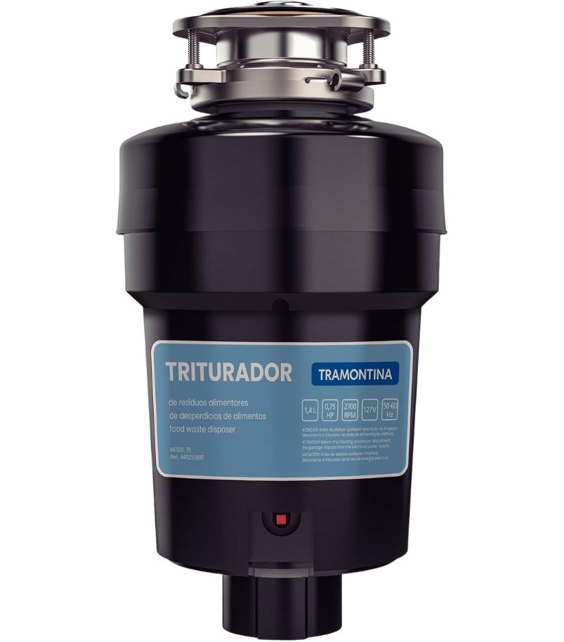 Triturador-Tramontina-075 Triturador de alimentos da marca Tramontina, modelo preto de 0,75 HP de potência, com destaque para as especificações técnicas no rótulo.