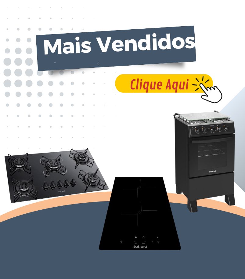 banner-fogao-itatiaia-mais-vendidas Banner com os fogões e cooktops Itatiaia mais vendidos, incluindo modelo de piso, cooktop a gás e de indução, com o texto "Clique Aqui".