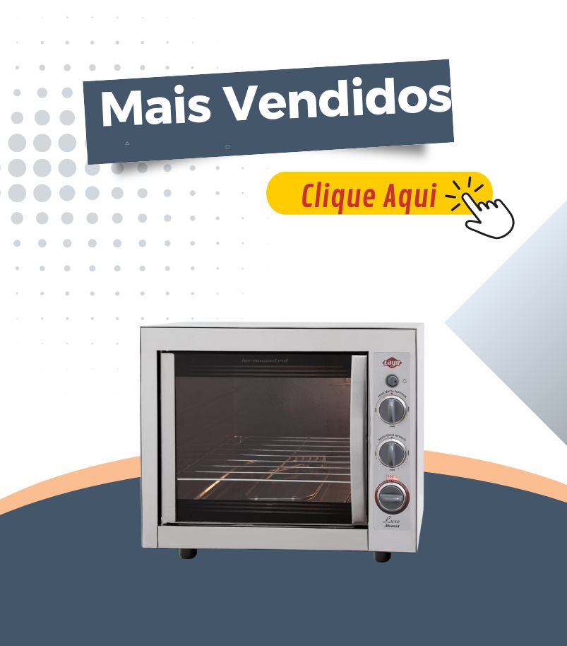 Banner promocional com o título "Mais Vendidos" e botão "Clique Aqui", exibindo um Forno de Embutir a Gás LAYR Luxo Advanced de 46 Litros em aço inoxidável. O anúncio promove a lista dos fornos de embutir a gás mais vendidos.