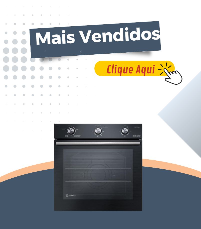 banner-forno-eletrico-de-embutir-mais-vendidas Banner promocional com o título "Mais Vendidos" e botão "Clique Aqui", exibindo um Forno Elétrico de Embutir Electrolux (ou similar) na cor preta. O anúncio promove a lista dos fornos de embutir mais vendidos.