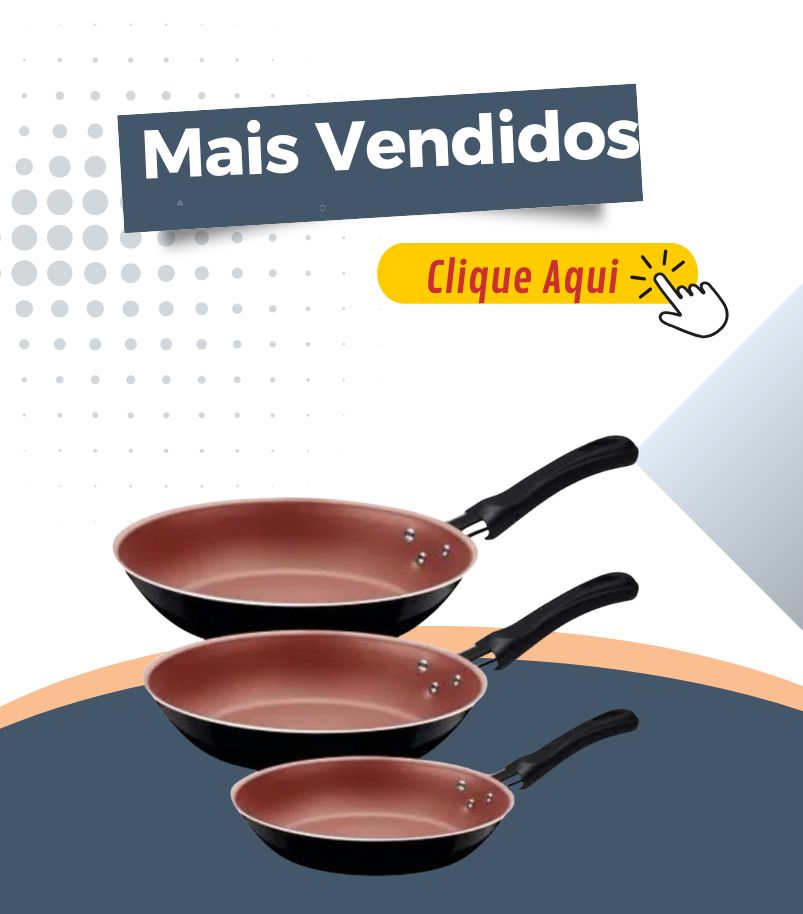 banner-frigideira-antiaderente-mais-vendidas Banner promocional com o título "Mais Vendidos" e botão "Clique Aqui". O destaque são três frigideiras antiaderentes empilhadas em tamanhos decrescentes, com revestimento interno na cor vermelho-tijolo e cabos pretos. O anúncio promove as frigideiras antiaderentes mais vendidas.