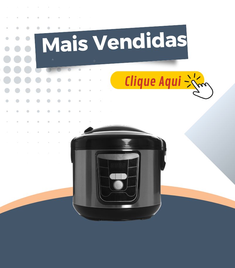 banner-panela-de-pressao-eletrica Banner promocional com o título "Mais Vendidas" e o botão "Clique Aqui". O destaque é uma panela de pressão elétrica digital na cor preta e cinza, promovendo os modelos mais populares e procurados.
