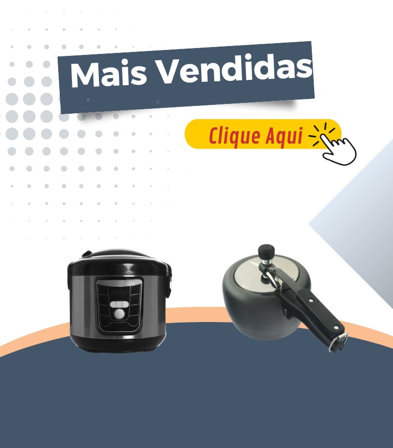 banner-panelas-de-pressao-mais-vendidas Banner promocional com o título "Mais Vendidas" e botão "Clique Aqui". A imagem exibe dois tipos de panelas: uma panela de pressão elétrica digital na cor preta/cinza e uma panela de pressão tradicional manual de cor preta. O anúncio promove as panelas de pressão mais vendidas.