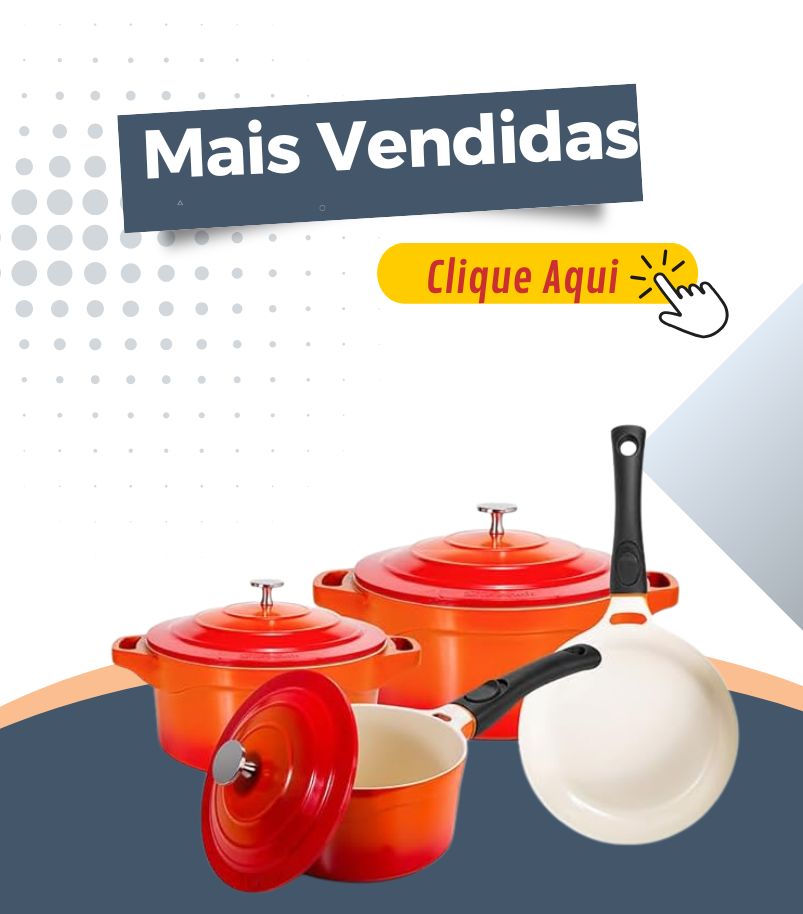 banner-panelas-mais-vendidas Banner promocional com o título "Mais Vendidas" e botão "Clique Aqui", exibindo um conjunto de panelas de ferro fundido esmaltadas nas cores vermelho e laranja, além de uma frigideira antiaderente branca. O anúncio promove uma coleção de panelas populares.