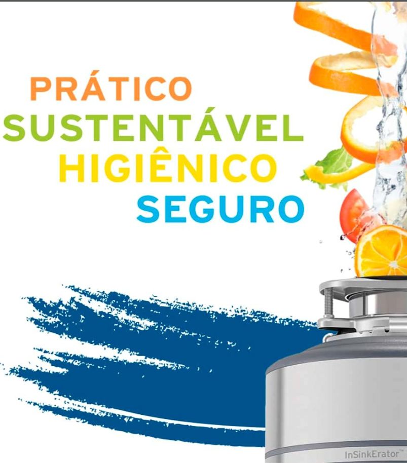 beneficios-de-um-triturador-de-alimentos Imagem destacando os benefícios principais do triturador de alimentos InSinkErator: Prático, Sustentável, Higiênico e Seguro. Cascas de frutas e legumes caindo na câmara.