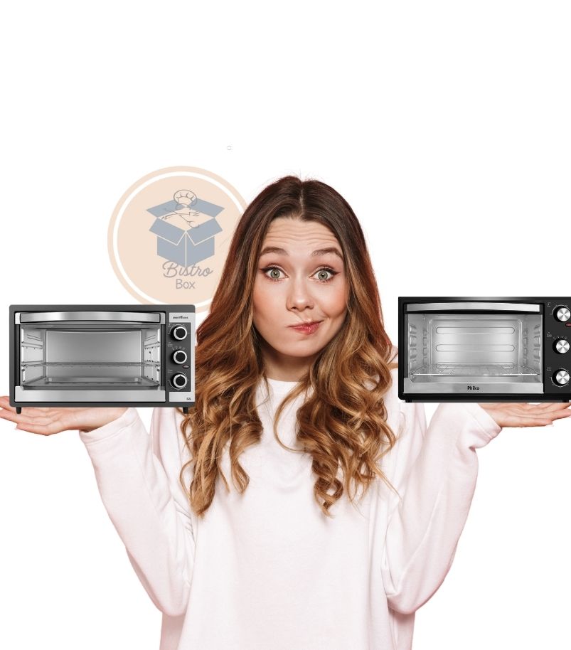Mulher com expressão de dúvida comparando dois fornos elétricos de bancada (Britânia e Philco), representando a dificuldade de escolher o melhor forno elétrico para a casa.
