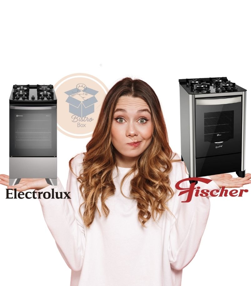 como-escolher-melhor-marca-de-fogao Mulher em dúvida sobre como escolher a melhor marca de fogão, comparando modelos da Electrolux e Fischer.