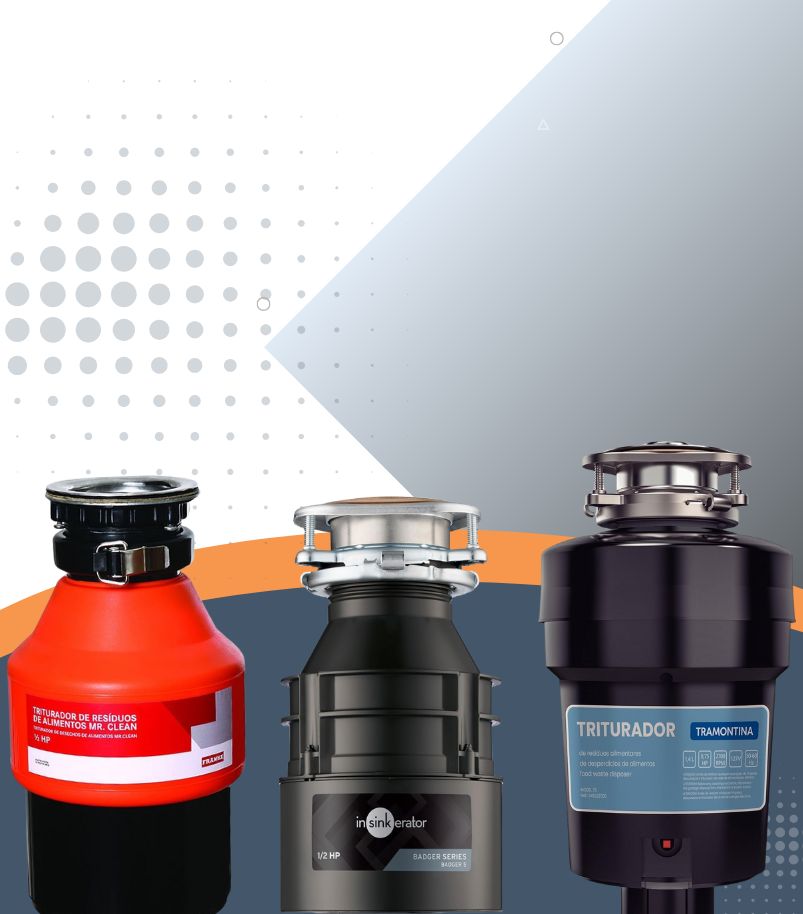 como-escolher-triturador-de-alimentos Imagem comparativa lado a lado de modelos de trituradores de alimentos das marcas Franke (Mr. Clean), InSinkErator (Badger Series 5) e Tramontina