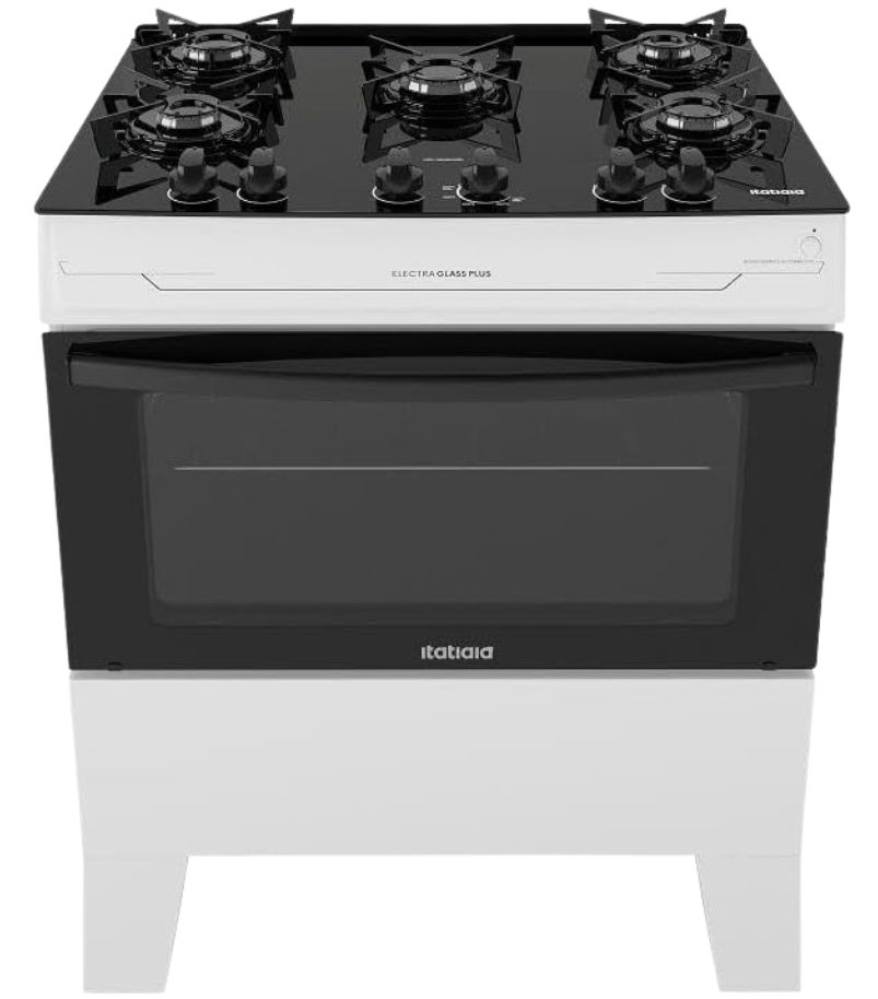 fogao-Itatiaia-glass-plus-5-bocas Fogão Itatiaia Glass Plus 5 Bocas branco e preto, com mesa de vidro temperado e forno com amplo visor.