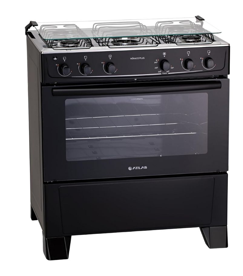 fogao-atlas-monaco-plus-5-bocas Fogão Atlas Mônaco Plus de 5 bocas, na cor preta, com mesa e tampa de vidro e forno com tecnologia Limpa Fácil.