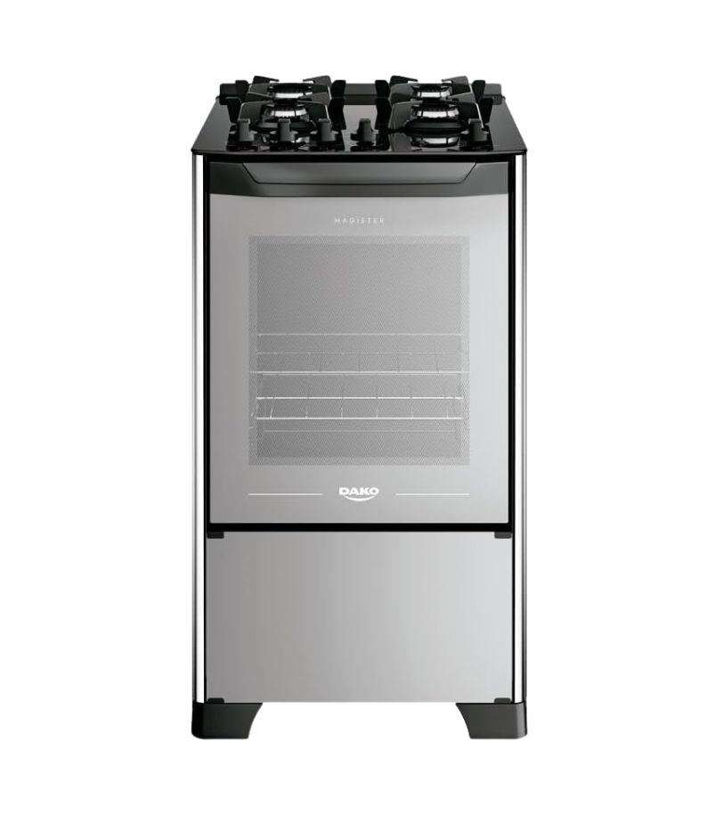 fogao-dako-magister-4-bocas Fogão Dako Magister de 4 bocas cor Inox e Preto, com mesa de vidro temperado e forno com capacidade ampliada.