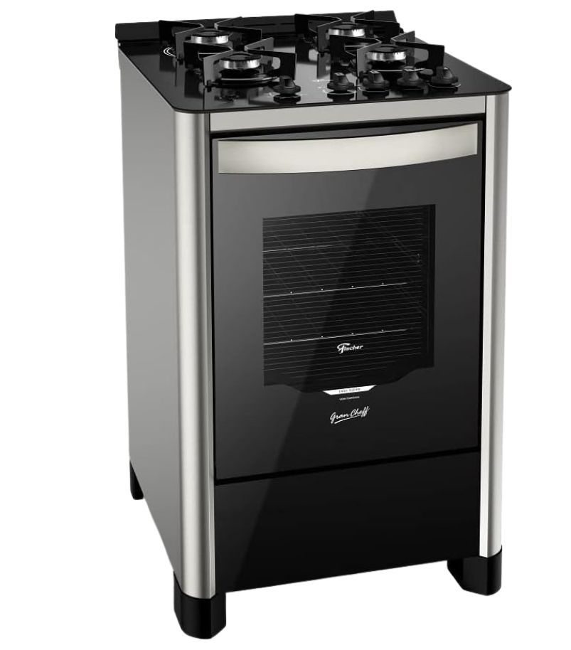fogao-fischer-grand-cheff-4-bocas Fogão Fischer Grand Cheff 4 Bocas com laterais em Inox, mesa de vidro temperado preta e porta do forno espelhada.