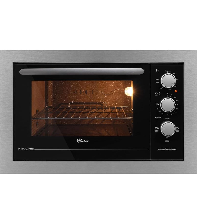 forno-de-embutir-eletrico-Fischer-Fit-Line-34493-48L Imagem de um Forno Elétrico de Embutir Fischer Fit Line (34493) de 48 Litros. O acabamento é em aço inoxidável e vidro preto, com controle de temperatura, timer e seletor de funções. O forno destaca o revestimento autolimpante.