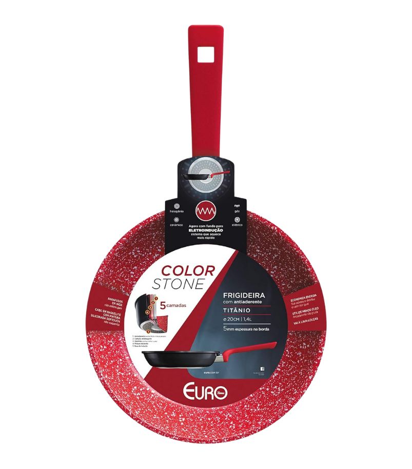 frigideira-antiaderente-EuroHome-ALU8204-TI-20cm Imagem de uma Frigideira Antiaderente Euro Home Color Stone de 20cm, na cor vermelha com efeito marmorizado. O rótulo destaca o revestimento de titânio com 5 camadas, a compatibilidade com fogão de indução e o cabo de silicone, promovendo a durabilidade e eficiência do produto.