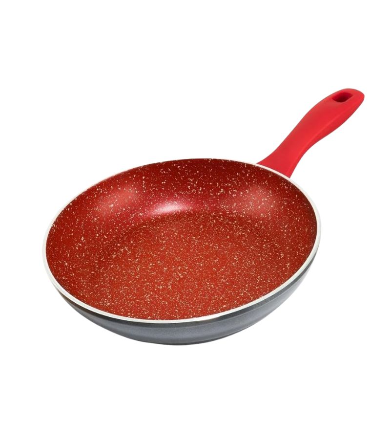 frigideira-philco-PPH240AFR Imagem de uma Frigideira Philco (modelo PPH240AFR ou similar) com revestimento interno antiaderente na cor vermelha/bordô com efeito granulado. A frigideira possui cabo ergonômico na cor vermelha, destacando um design moderno e chamativo.