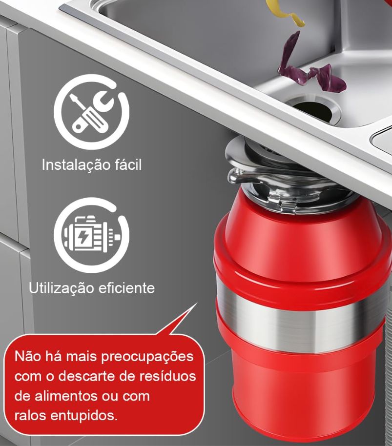 instalação-e-cuidados-triturador-de-alimentos Diagrama do triturador de alimentos (corpo vermelho) instalado sob uma pia de aço inoxidável, destacando ícones de "Instalação Fácil" e "Utilização Eficiente".