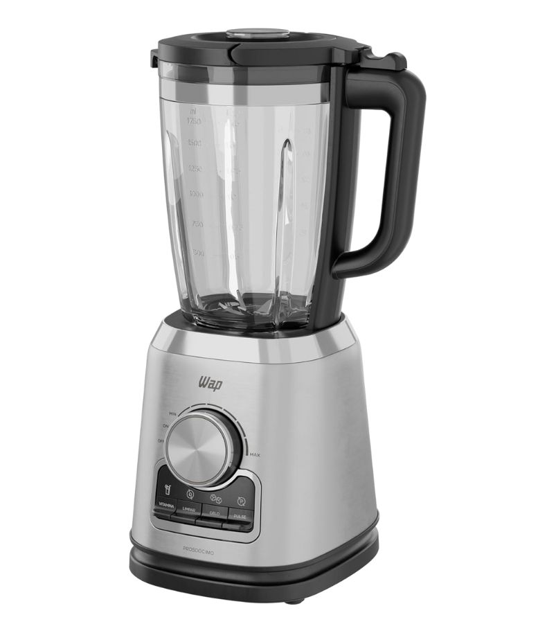 liquidificador-WAP-WB2000-900W Imagem de um Liquidificador WAP (modelo WB2000 ou similar) de 900W com copo de vidro e base em aço inoxidável. O painel de controle possui seletor giratório de velocidades e botões de funções pré-programadas para Vitaminas, Smoothies e Triturar Gelo.
