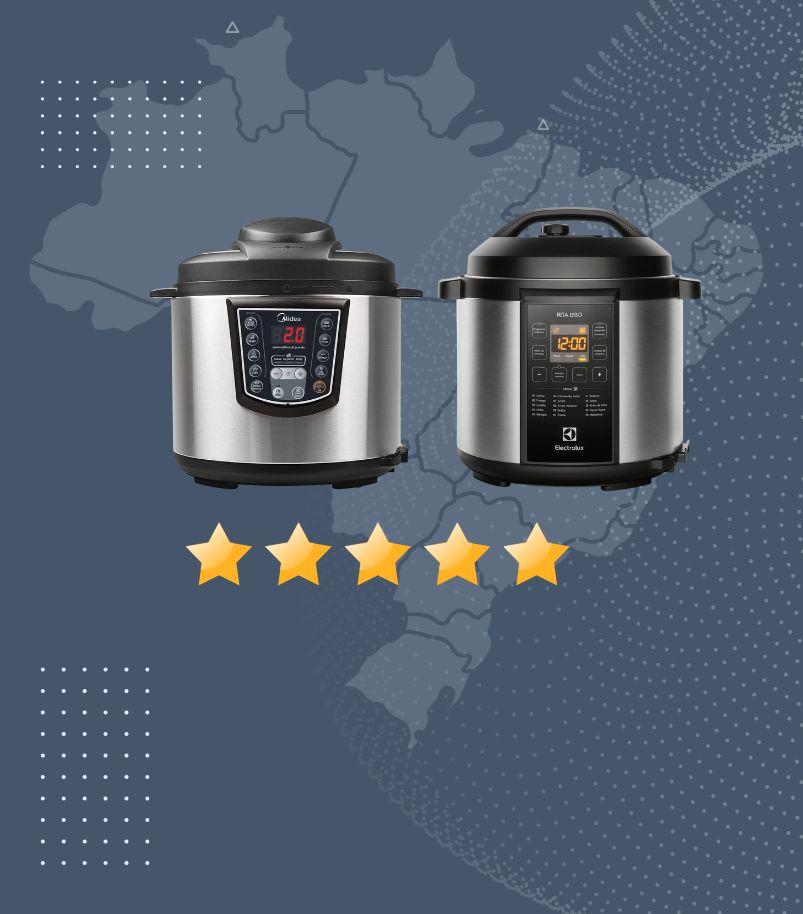 marcas-de-panelas-de-pressao-eletrica Imagem de fundo escuro com um mapa do Brasil sutil, destacando duas panelas de pressão elétricas de marcas renomadas (Midea e Electrolux). Ambas possuem acabamento em aço inoxidável e painéis digitais, com uma classificação de cinco estrelas (5/5) abaixo, sugerindo as melhores marcas de panelas de pressão elétrica e seus modelos mais bem avaliados.