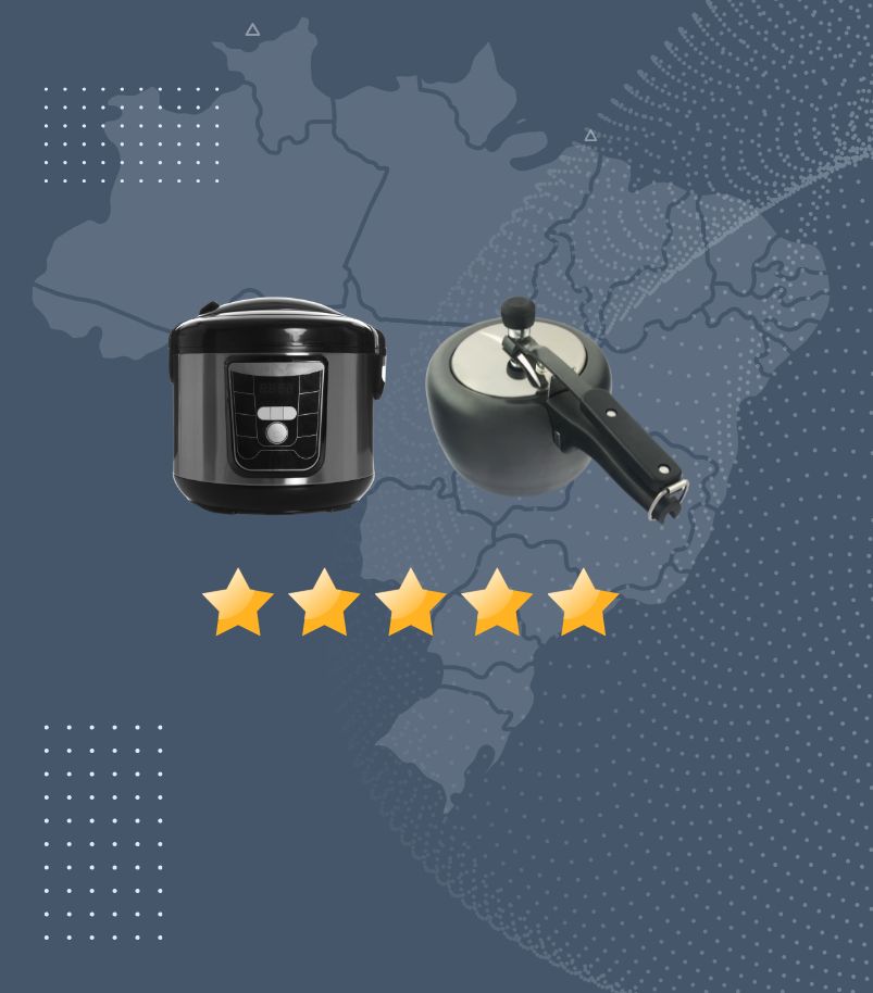 marcas-de-panelas-de-pressão Imagem de fundo escuro com o mapa do Brasil e uma avaliação de cinco estrelas. Em destaque, uma panela de pressão elétrica digital e uma panela de pressão tradicional manual. A imagem promove as melhores marcas de panelas de pressão altamente avaliadas no mercado.