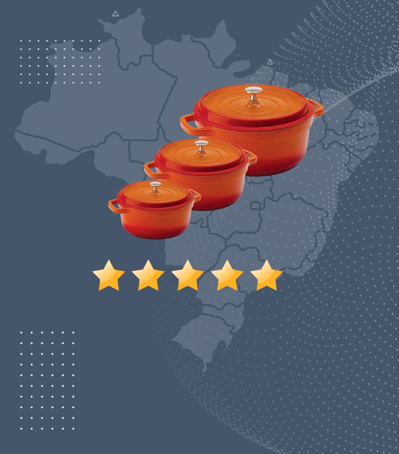 marcas-de-panelas magem promocional de fundo escuro, com um mapa do Brasil sutil, destacando três panelas caçarolas de ferro fundido esmaltado na cor laranja em diferentes tamanhos. Abaixo das panelas, há uma classificação de cinco estrelas (5/5), sugerindo as melhores marcas de panelas ou produtos altamente avaliados.