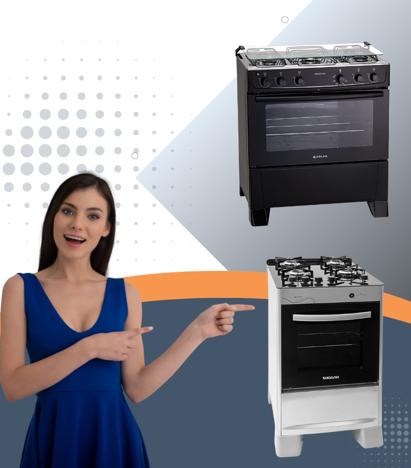 melhor-marca-para-cada-perfil-de-pessoa Mulher indicando dois modelos de fogão, um Atlas 5 bocas preto e um Suggar 4 bocas branco, no guia sobre melhor marca para cada perfil.