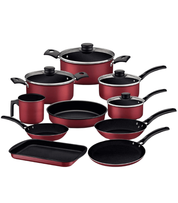 panela-antiaderente-tramontina-turim Imagem de um Conjunto de Panelas Tramontina Turim 9 Peças em alumínio. O conjunto possui acabamento externo na cor bordô (vinho) e revestimento interno antiaderente Starflon T1 preto. Inclui caçarolas, panelas, frigideiras, um canecão e uma forma retangular (assadeira ou forma de bolo/pão).