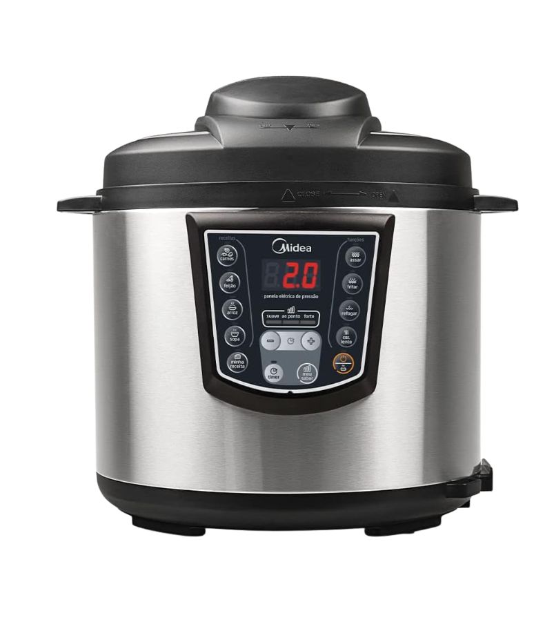 panela-de-pressao-eletrica-Midea-PPA72-6L Imagem frontal de uma Panela de Pressão Elétrica Midea PPA72 de 6 Litros. O painel de controle digital em preto e vermelho exibe um timer e funções pré-programadas para diversos preparos (Arroz, Feijão, Carnes, etc.), com acabamento externo em aço inoxidável escovado.
