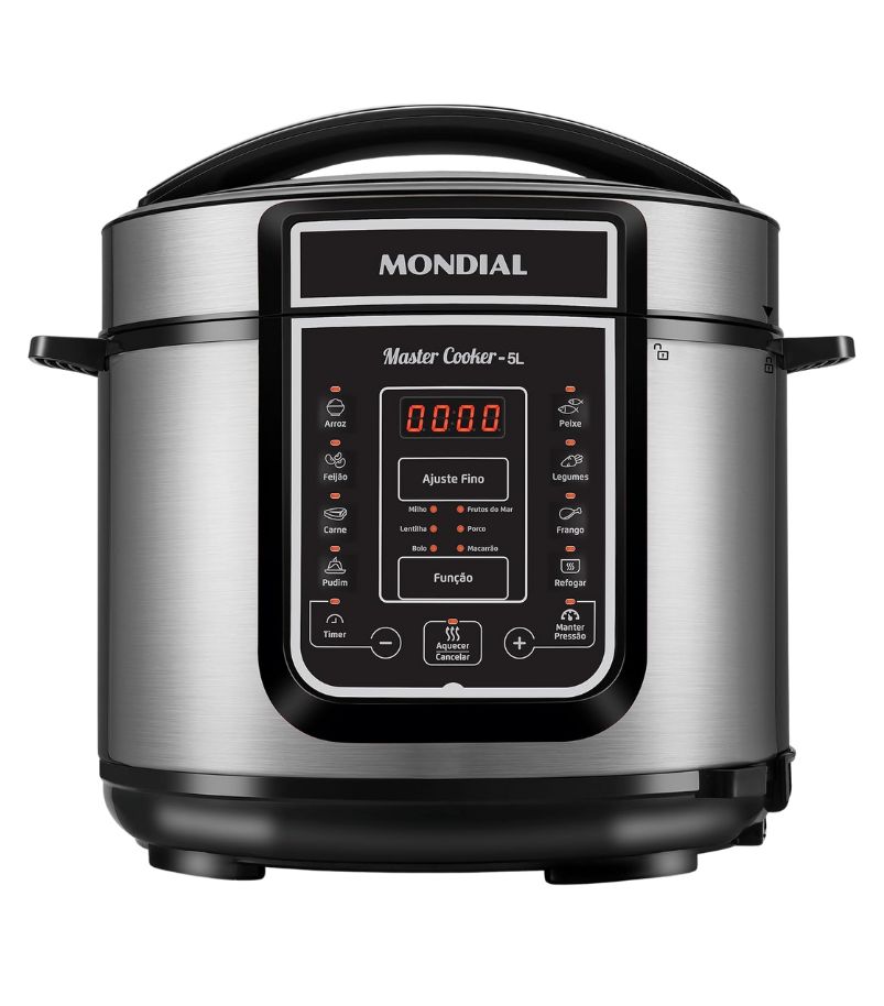 panela-de-pressao-eletrica-Mondial-P4-38 Imagem frontal de uma Panela de Pressão Elétrica Mondial Master Cooker de 5 Litros. O painel de controle digital em preto e vermelho destaca um timer digital e múltiplas funções pré-programadas para diversos alimentos como Arroz, Feijão, Carne, Legumes e Frango, com acabamento em aço inoxidável escovado.