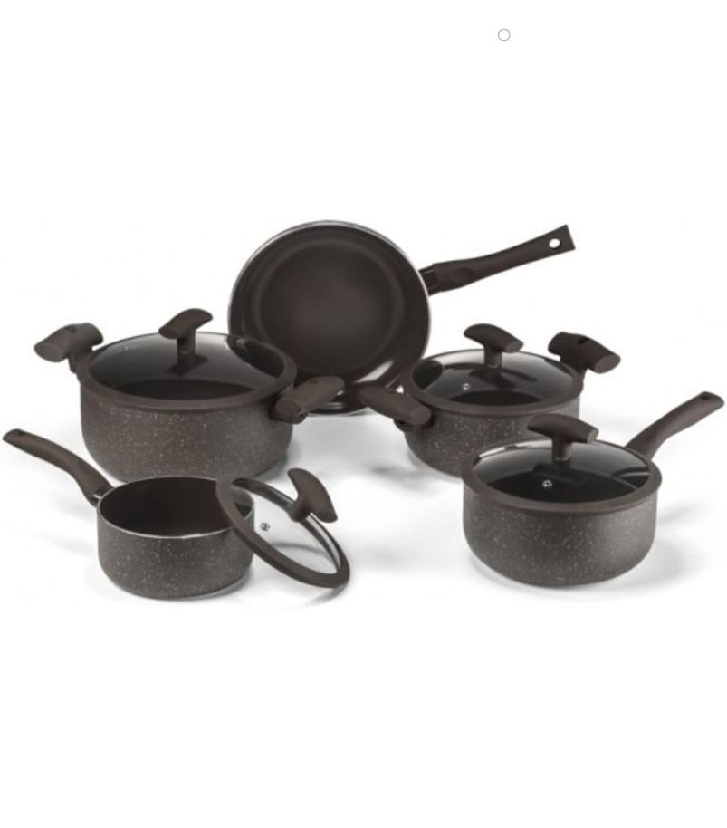 panela-hercules-PA300-5PMA-5pc Imagem de um Conjunto de Panelas Hércules 5 Peças PA300-5PMA (ou similar), na cor preta marmorizada/granitada. O conjunto inclui caçarolas, panelas e uma frigideira com revestimento antiaderente e tampas de vidro.