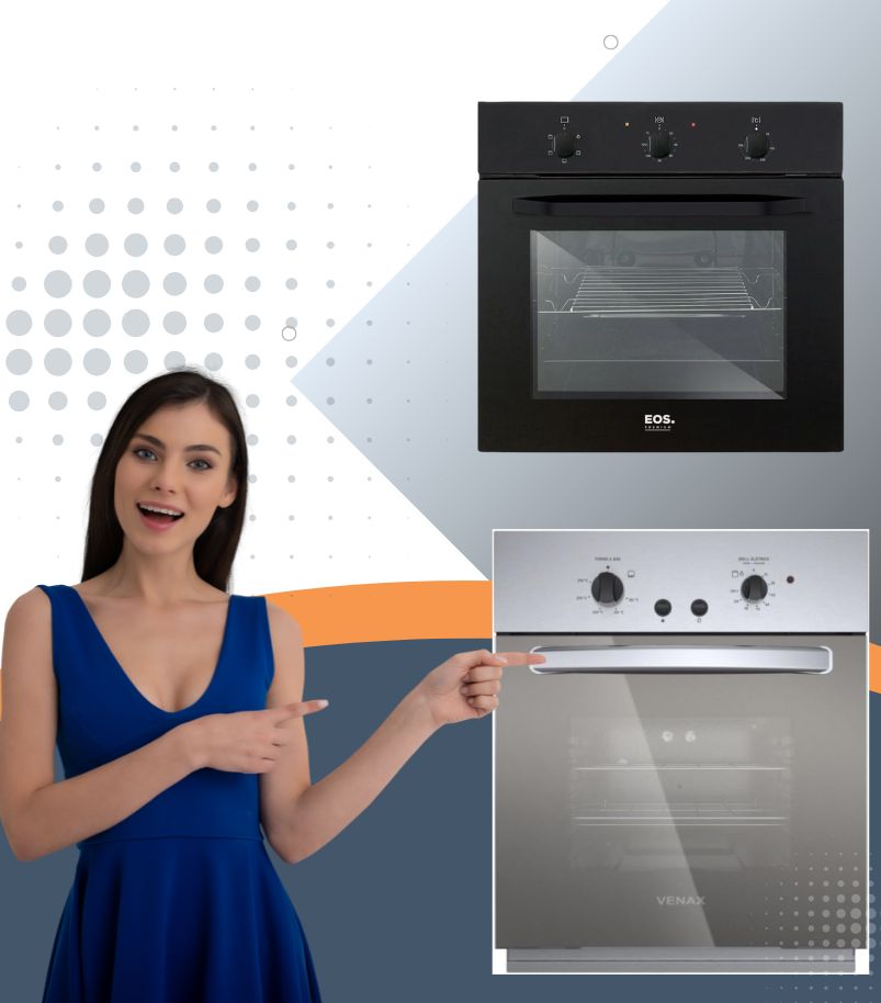 Imagem comparativa com uma mulher apontando para um Forno de Embutir a Gás EOS (vidro preto) e um Forno de Embutir a Gás Venax (inox/prata). A imagem representa o tema "Para quem cada modelo é indicado", comparando designs e capacidades diferentes.