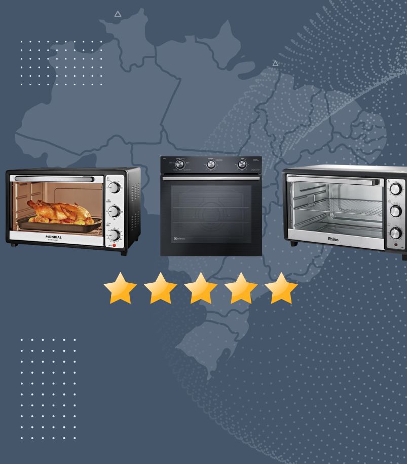 tipos-de-fornos-eletricos-por-marca Comparativo de modelos de fornos elétricos, incluindo opções de bancada (Mondial, Philco) e embutir electrolux, com avaliação 5 estrelas.